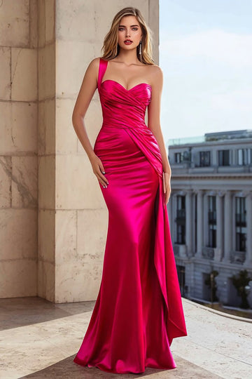 One Shoulder Fuchsia Mermaid Prom Dress with Side Cape